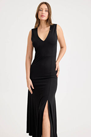 V Yaka Sıfır Kol Modal Uzun Elbise