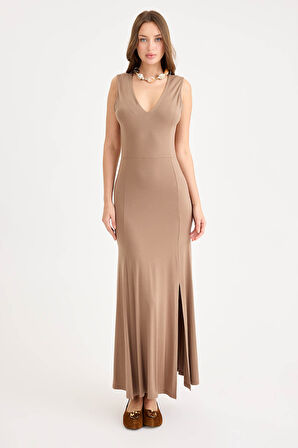 V Yaka Sıfır Kol Modal Uzun Elbise