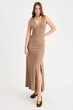 V Yaka Sıfır Kol Modal Uzun Elbise