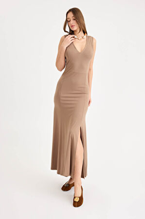 V Yaka Sıfır Kol Modal Uzun Elbise