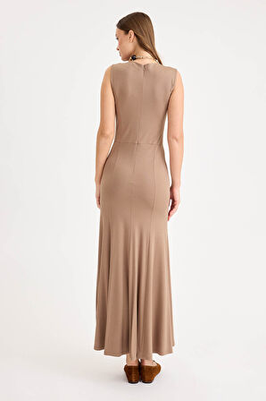 V Yaka Sıfır Kol Modal Uzun Elbise