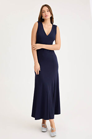 V Yaka Sıfır Kol Modal Uzun Elbise