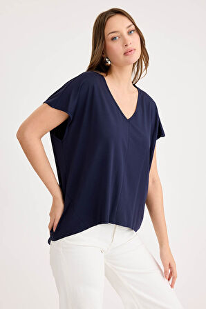 V Yaka Arkası Uzun Salaş Modal Bluz