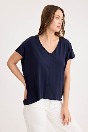 V Yaka Arkası Uzun Salaş Modal Bluz