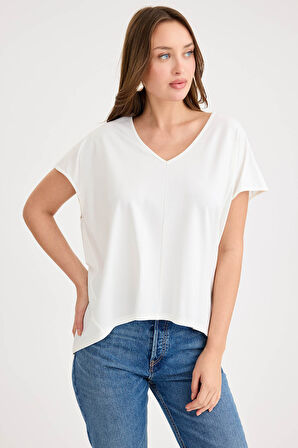 V Yaka Arkası Uzun Salaş Modal Bluz