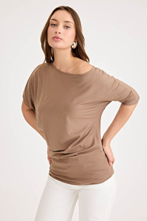 Kayık Yaka Kısa Kol Modal Bluz