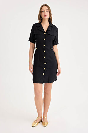 Gold Düğmeli Kapak Cepli Kısa Kol Mini Elbise