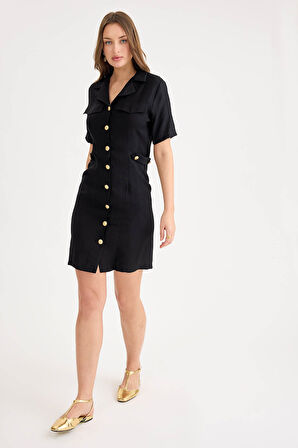 Gold Düğmeli Kapak Cepli Kısa Kol Mini Elbise