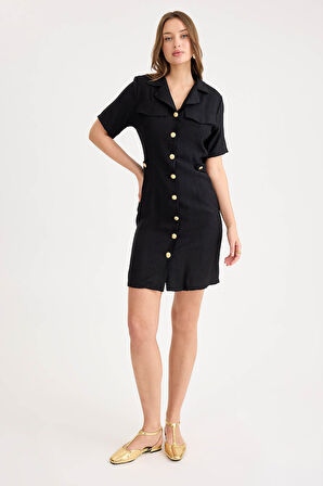 Gold Düğmeli Kapak Cepli Kısa Kol Mini Elbise