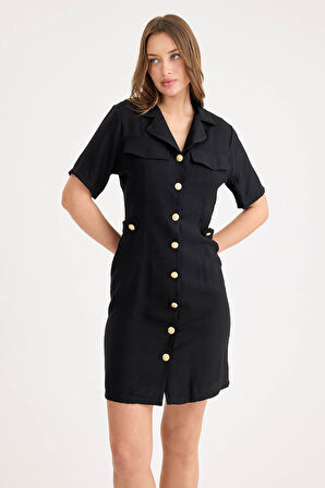 Gold Düğmeli Kapak Cepli Kısa Kol Mini Elbise