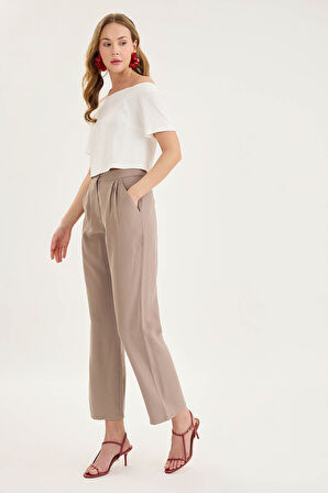 Yüksek Bel Tensel Kumaş Pileli Pantolon