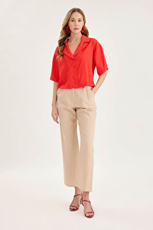 Yüksek Bel Tensel Kumaş Pileli Pantolon