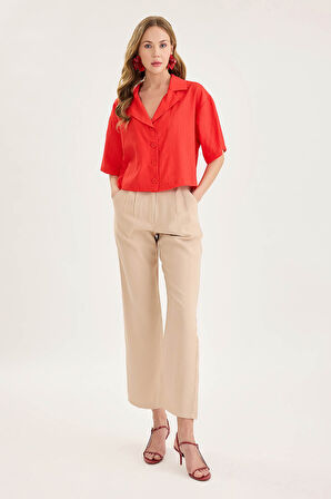 Yüksek Bel Tensel Kumaş Pileli Pantolon