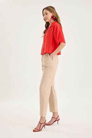 Yüksek Bel Tensel Kumaş Pileli Pantolon