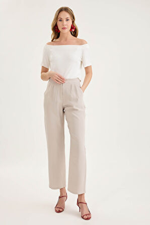 Yüksek Bel Tensel Kumaş Pileli Pantolon