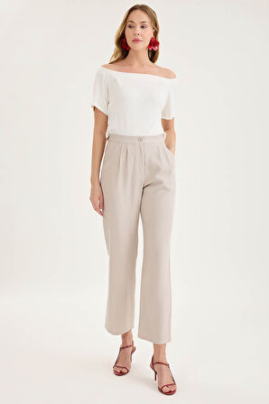 Yüksek Bel Tensel Kumaş Pileli Pantolon