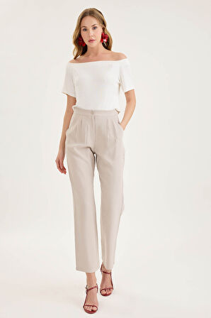 Yüksek Bel Tensel Kumaş Pileli Pantolon