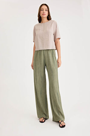 Desenli Beli Lastikli Geniş Paça Pantolon