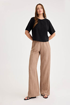 Desenli Beli Lastikli Geniş Paça Pantolon