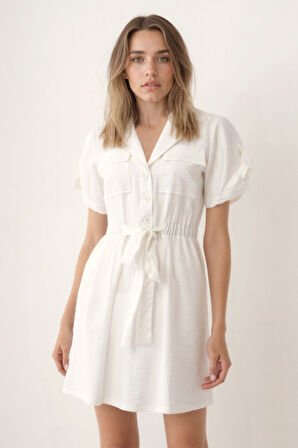 Beli Bağlamalı Kapak Cepli Kısa Kol Krinkıl Kumaş Elbise