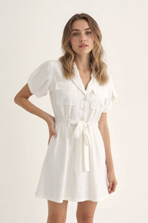 Beli Bağlamalı Kapak Cepli Kısa Kol Krinkıl Kumaş Elbise