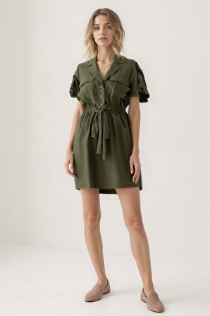 Beli Bağlamalı Kapak Cepli Kısa Kol Krinkıl Kumaş Elbise