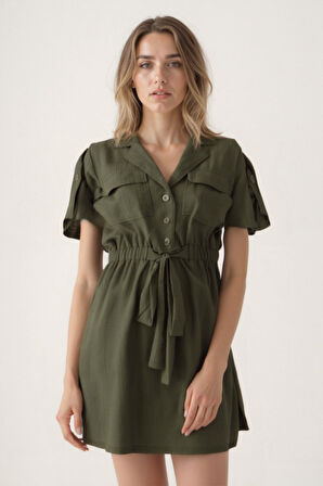 Beli Bağlamalı Kapak Cepli Kısa Kol Krinkıl Kumaş Elbise