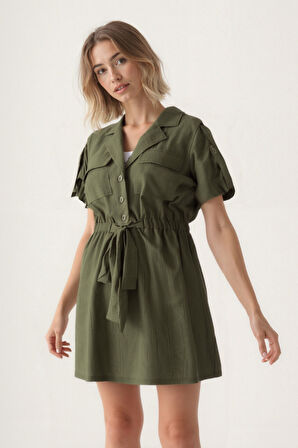 Beli Bağlamalı Kapak Cepli Kısa Kol Krinkıl Kumaş Elbise