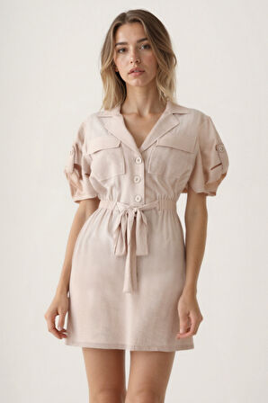 Beli Bağlamalı Kapak Cepli Kısa Kol Krinkıl Kumaş Elbise