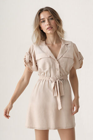 Beli Bağlamalı Kapak Cepli Kısa Kol Krinkıl Kumaş Elbise