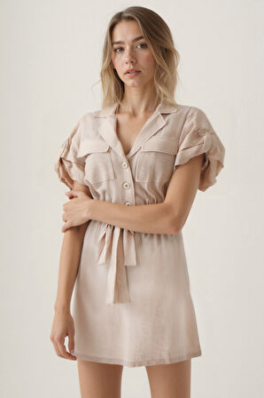 Beli Bağlamalı Kapak Cepli Kısa Kol Krinkıl Kumaş Elbise