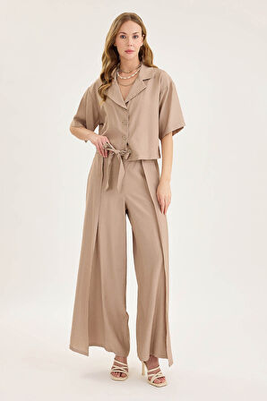 Beli Bağlamalı Krinkıl Kumaş Dökümlü Pantolon