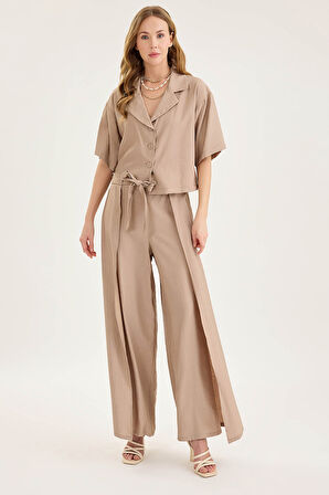 Beli Bağlamalı Krinkıl Kumaş Dökümlü Pantolon