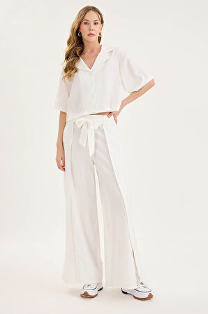 Beli Bağlamalı Krinkıl Kumaş Dökümlü Pantolon