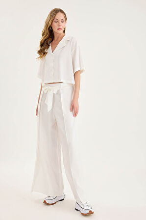 Beli Bağlamalı Krinkıl Kumaş Dökümlü Pantolon