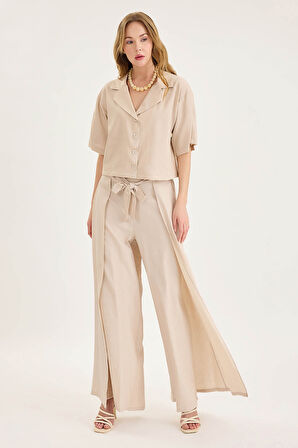 Beli Bağlamalı Krinkıl Kumaş Dökümlü Pantolon