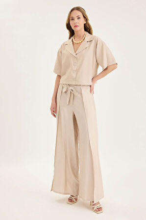 Beli Bağlamalı Krinkıl Kumaş Dökümlü Pantolon