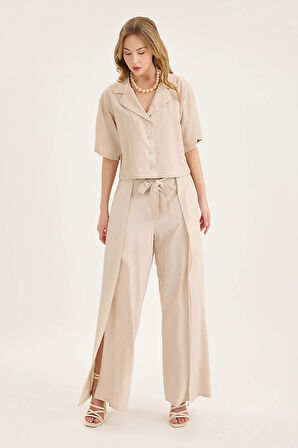 Beli Bağlamalı Krinkıl Kumaş Dökümlü Pantolon