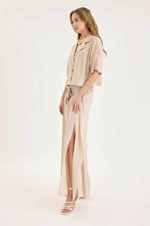 Beli Bağlamalı Krinkıl Kumaş Dökümlü Pantolon