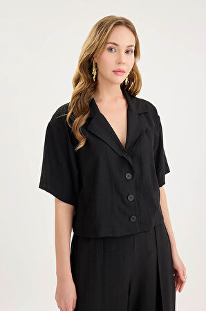 Krinkıl Kumaş Kısa Kol Crop Gömlek