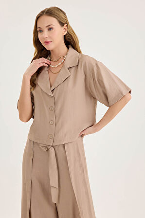 Krinkıl Kumaş Kısa Kol Crop Gömlek