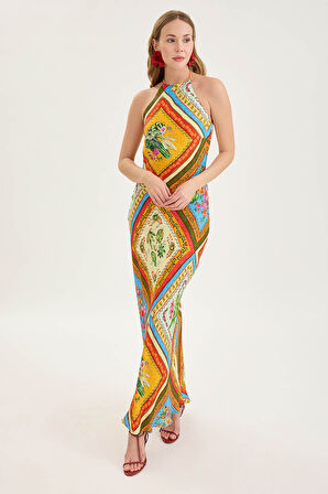 Sırt Dekolteli Desenli Saten Elbise