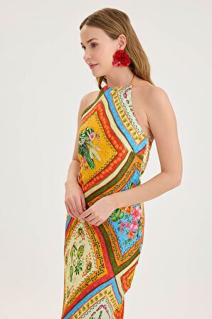 Sırt Dekolteli Desenli Saten Elbise