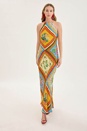 Sırt Dekolteli Desenli Saten Elbise