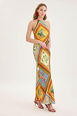 Sırt Dekolteli Desenli Saten Elbise