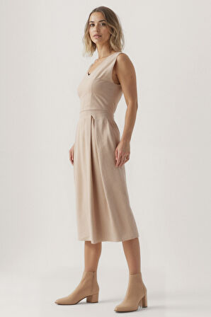 V Yaka Kuşaklı Krinkıl Kumaş Midi Elbise