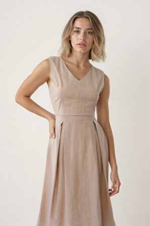 V Yaka Kuşaklı Krinkıl Kumaş Midi Elbise