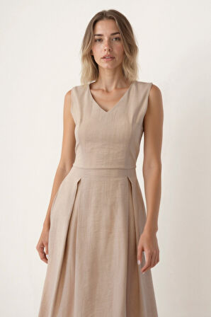 V Yaka Kuşaklı Krinkıl Kumaş Midi Elbise