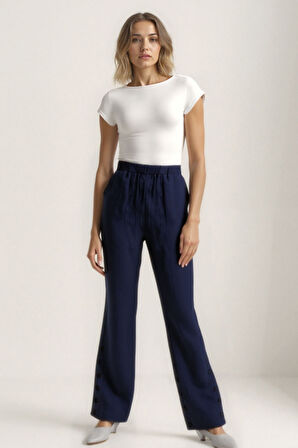 Paçası Düğmeli Krinkıl Kumaş Pantolon