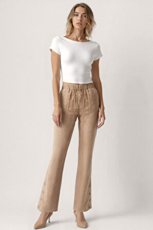 Paçası Düğmeli Krinkıl Kumaş Pantolon